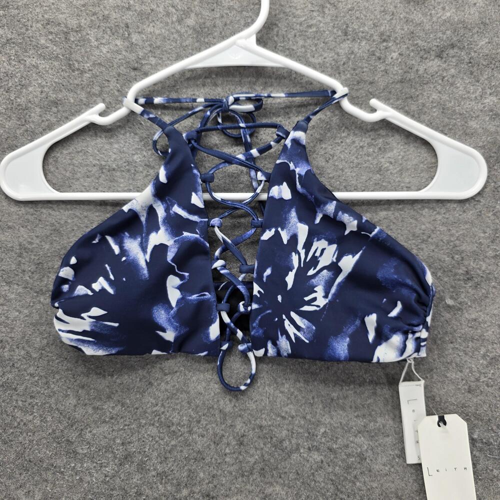 Leith Bikini Swim Top Womens Small Blue White Lace Up Halter Strappy Swimwear